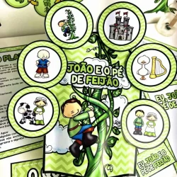 Ilustração de João e o Pé de Feijão com elementos pedagógicos e educativos.