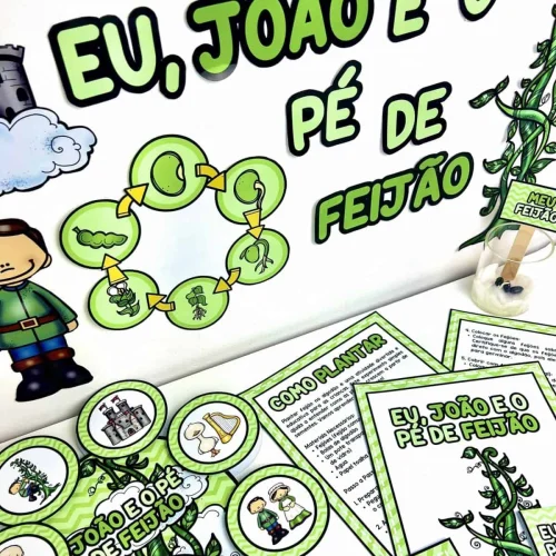 Ilustração de João e o Pé de Feijão com elementos de atividades educativas.