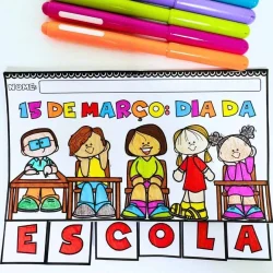 Desenho de crianças comemorando o Dia da Escola com cores vibrantes.