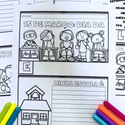 Atividades escolares para o Dia da Escola com desenhos de crianças e escola.