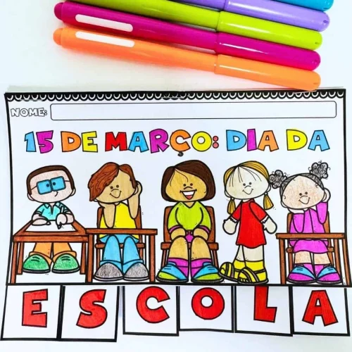 Desenho de crianças comemorando o Dia da Escola com cores vibrantes.