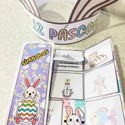 Atividades de Páscoa com símbolos e desenhos de coelhos e ovos.