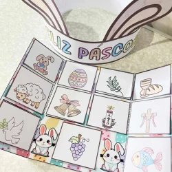 Atividades de Páscoa com desenhos de coelhos, ovos e símbolos pascais.