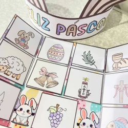 Atividades de Páscoa com desenhos de símbolos e coelhos.