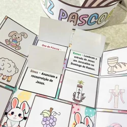 Jogo de símbolos de Páscoa com desenhos e palavras em português.