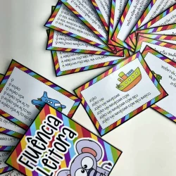 Cartões coloridos de leitura com temas de animais e objetos.