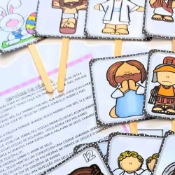 Figuras de Jesus e personagens bíblicos em desenhos de Páscoa.