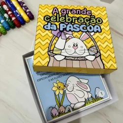 Caixa de atividades de Páscoa com desenhos de coelhos e flores.