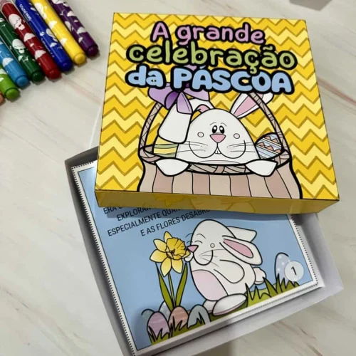 Caixa de atividades de Páscoa com desenhos de coelhos e flores.