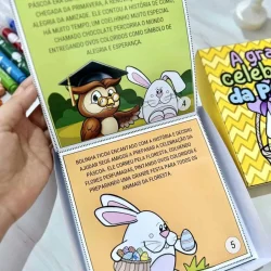 Ilustração de coelhos e uma coruja celebrando a Páscoa.