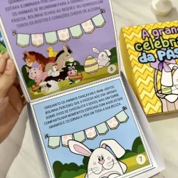 Livro infantil com história da Páscoa e animais fofos em caixa de papelão.
