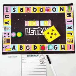 Jogo das Letras com dados e fichas coloridas para ensinar o alfabeto.