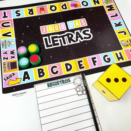 Jogo das Letras com tabuleiro colorido e fichas de letras para crianças.