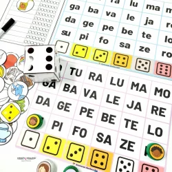 Jogo de tabuleiro com sílabas e dados para atividades educativas.