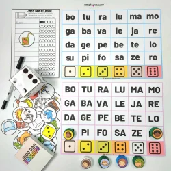 Jogo de sílabas com dados e figuras para ensino de leitura.