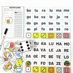 Jogo de sílabas com dados, palavras e personagens infantis para aprendizagem.