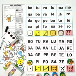 Jogo das Sílabas com dados coloridos e cartas educativas.