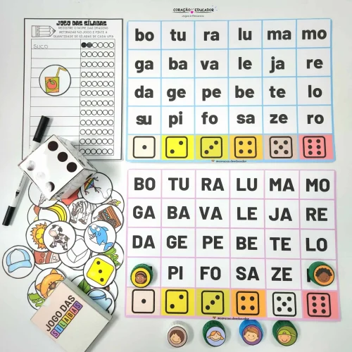 Jogo de sílabas com dados e figuras para ensino de leitura.