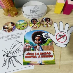 Material educativo sobre dengue para crianças com personagens e desenhos.