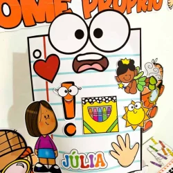Atividades educativas para análise do nome próprio com personagens coloridos.