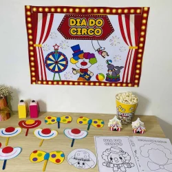 Decoração de Dia do Circo com tema colorido e divertido para crianças.