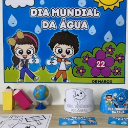 Ilustração de crianças comemorando o Dia Mundial da Água com elementos relacionados à água.