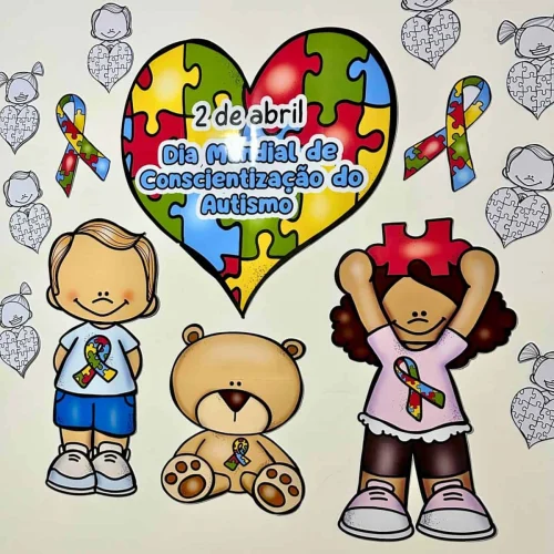 Ilustração de crianças com laços coloridos e coração com quebra-cabeça.