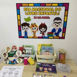 Cartaz comemorativo do Dia Nacional do Livro Infantil com personagens infantis.