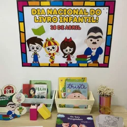 Cartaz comemorativo do Dia Nacional do Livro Infantil com personagens e livros infantis.