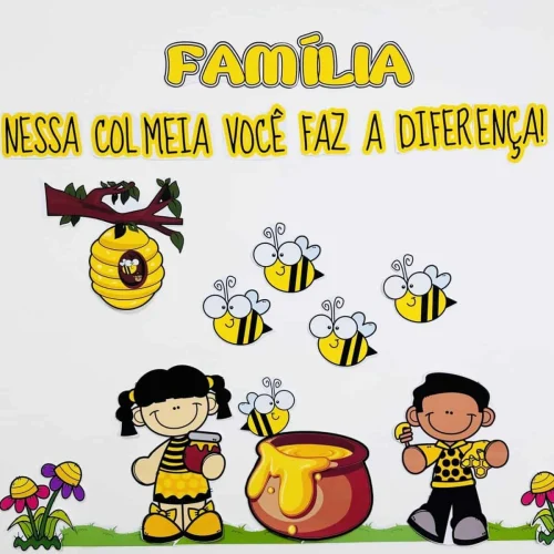 Ilustração de crianças, abelhas e uma colmeia com tema de família e união.
