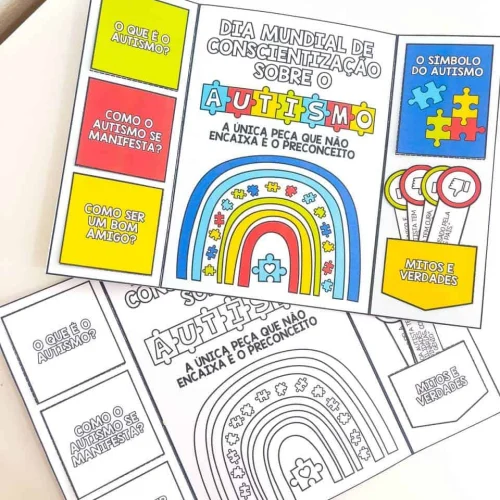 Material de apoio sobre autismo, incluindo símbolos e mitos, para conscientização e educação.