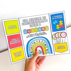 Material educativo sobre autismo com atividades e símbolos.