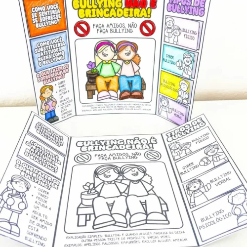 Cartaz com dicas e tipos de bullying para conscientização escolar.
