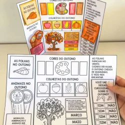 Material educativo de outono com folhas, cores e animais para crianças.