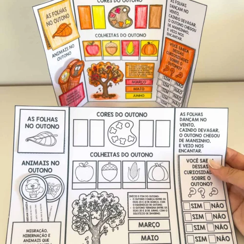Material educativo de outono com folhas, cores e animais para crianças.