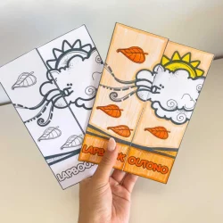 Lapbook de Outono com folhas, sol e nuvens em cores vibrantes.