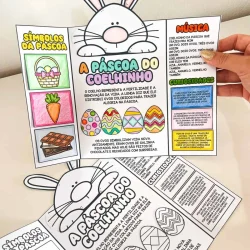 Atividades educativas de Páscoa com coelhinho e símbolos tradicionais.