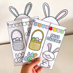 Cartões de Páscoa com coelhinhos e cesta de ovos coloridos.