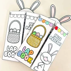 Lapbook de Páscoa com coelhos, ovos e elementos coloridos para crianças.