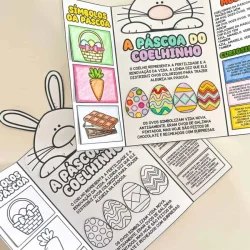 Atividades de Páscoa com símbolos e desenhos de ovos e coelhinho.