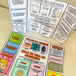 Material didático sobre dengue, mosquitos, sintomas e prevenção para educação infantil.