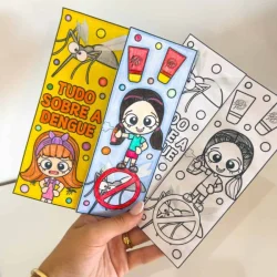 Material didático com personagens e informações sobre dengue para crianças.