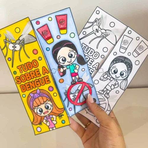 Material educativo infantil sobre dengue com desenhos coloridos e atividades.