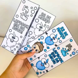 Lapbook do Dia da Água com personagem de porquinho e elementos aquáticos.