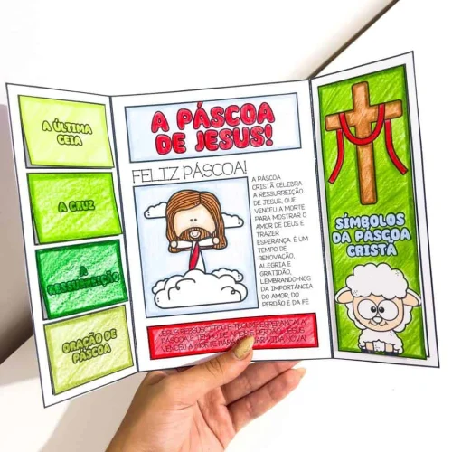 Lapbook de Páscoa Cristã com símbolos e mensagens religiosas.