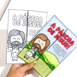 Lapbook de Páscoa Cristã com desenhos de Jesus e símbolos religiosos.