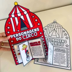 Livro interativo com personagens do circo para crianças, com atividades educativas e divertidas.