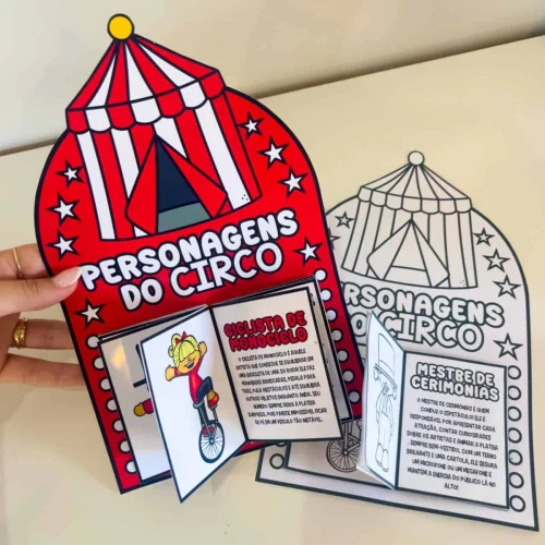 Livro interativo com personagens do circo para crianças, com atividades educativas e divertidas.
