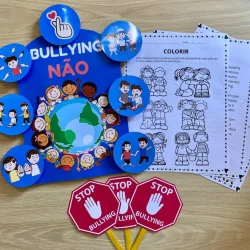 Material educativo com cartazes e desenhos contra o bullying.