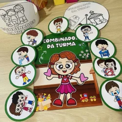 Luva educativa com personagens para atividades em sala de aula.